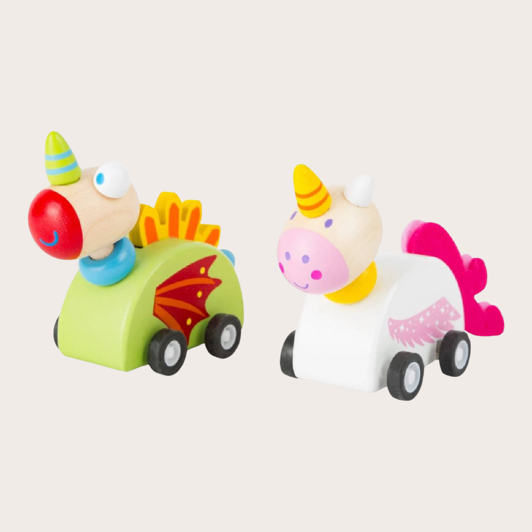 Drachen- und Einhornautos aus Holz – umweltfreundliches Spielzeug für Kinder